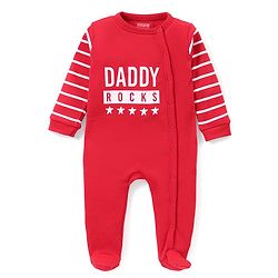 Babyhug Interlock Knit Full Sleeves Sleep Suit Striped & Text Print - Red