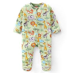 Babyhug Cotton Knit Full Sleeves Footed Night Suit with Wild Animals Print - Green