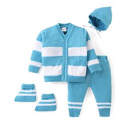 Babyhug Knitted Full Sleeves Striped Sweater Set with Cap & Booties - Blue