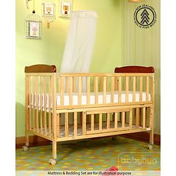 Babyhug Hamilton Wooden Cot with Mosquito Net & Storage Space - Natural Finish| Adjustable Height| Wheels with Lock| Openable Side Rail| Openable Headboard| New Zealand Pinewood