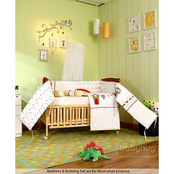 Babyhug Hamilton Wooden Cot with Mosquito Net & Storage Space - Natural Finish| Adjustable Height| Wheels with Lock| Openable Side Rail| Openable Headboard| New Zealand Pinewood