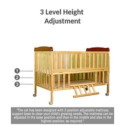 Babyhug Hamilton Wooden Cot with Mosquito Net & Storage Space - Natural Finish| Adjustable Height| Wheels with Lock| Openable Side Rail| Openable Headboard| New Zealand Pinewood