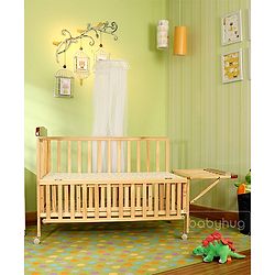 Babyhug Hamilton Wooden Cot with Mosquito Net & Storage Space - Natural Finish| Adjustable Height| Wheels with Lock| Openable Side Rail| Openable Headboard| New Zealand Pinewood