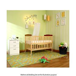 Babyhug Hamilton Wooden Cot with Mosquito Net & Storage Space - Natural Finish| Adjustable Height| Wheels with Lock| Openable Side Rail| Openable Headboard| New Zealand Pinewood