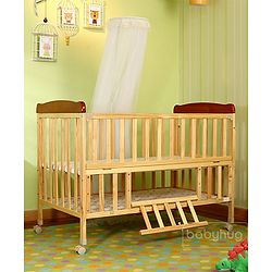 Babyhug Hamilton Wooden Cot with Mosquito Net & Storage Space - Natural Finish| Adjustable Height| Wheels with Lock| Openable Side Rail| Openable Headboard| New Zealand Pinewood