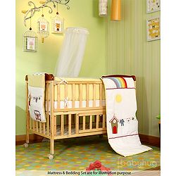 Babyhug Hamilton Wooden Cot with Mosquito Net & Storage Space - Natural Finish| Adjustable Height| Wheels with Lock| Openable Side Rail| Openable Headboard| New Zealand Pinewood