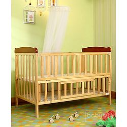 Babyhug Hamilton Wooden Cot with Mosquito Net & Storage Space - Natural Finish| Adjustable Height| Wheels with Lock| Openable Side Rail| Openable Headboard| New Zealand Pinewood