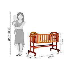 Babyhug Ionia Wooden Cradle with Mosquito Net - Cherry| Swing Lock| Wheels with Lock| Balanced Swing| Easy to Assemble