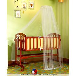 Babyhug Ionia Wooden Cradle with Mosquito Net - Cherry| Swing Lock| Wheels with Lock| Balanced Swing| Easy to Assemble