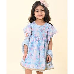 Babyhug Chiffon Woven Short Sleeves Ethnic Dress With Dupatta Floral Print - Blue