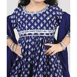 Babyhug Cambric Three Fourth Sleeves Kurti Sharara & Dupatta Set Floral Print with Embroidery Detailing - Indigo