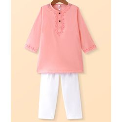Babyhug Cotton Cambric Full Sleeves Embroidered Kurta Pyjama Set - Peach