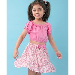 Babyhug Poplin Woven Half Sleeves Top & Skirt Set with Floral Print - Pink & White