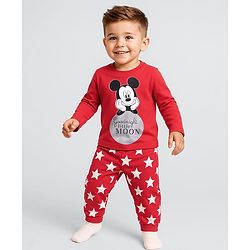 Babyhug Disney Cotton Knit Full Sleeves Night Suit With Mickey Mouse Print - Red