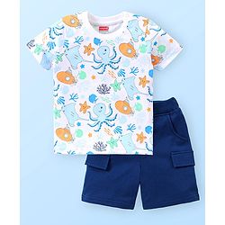 Babyhug Single Jersey Half Sleeves T-Shirt and Shorts Set Octopus Print - White & Blue
