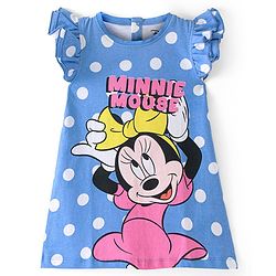 Babyhug Disney Cotton Knit Frill Sleeves Nighty With Minnie Mouse Graphics - Multicolor