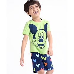 Babyhug Disney Single Jersey Knit Half Sleeves T-Shirt And Shorts Set with Mickey Mouse Graphics - Blue & Green