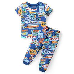 Babyhug Single Jersey Knit Half Sleeves Night Suit Text Print - Navy