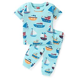 Babyhug Single Jersey Half Sleeves Night Suit Boat Print - Blue