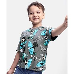 Babyhug Disney Half Sleeves Drop Shoulder Oversized T-Shirt with Mickey Mouse Print - Grey