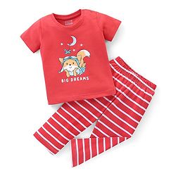 Babyhug Cotton Knit Half Sleeves Night Suit With Fox Print - Red