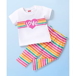 Babyhug Cotton Knit Half Sleeves Stripes & Heart Printed Night Suit - Multicolour