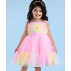 Babyhug Woven Sleeveless Fit & Flared Solid Mesh Party Dress with Bow Applique & Ruffles - Lavender