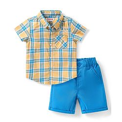 Babyhug 100% Cotton Knit Checkered Shirt & Shorts Set - Blue