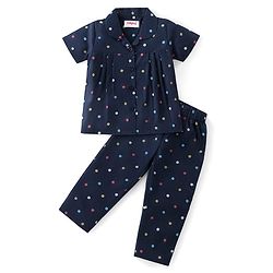 Babyhug Cotton Woven Half Sleeves Collar Neck Night Suit with Polka Dots Print - Navy Blue