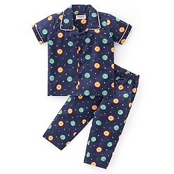 Babyhug Poplin Woven Half Sleeves Night Suit With Sun Print - Navy Blue