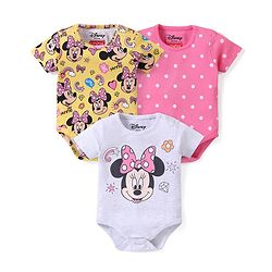 Babyhug Disney Interlock Knit Half Sleeves Onesies with Minnie Mouse Graphics Pack of 3- Multicolor