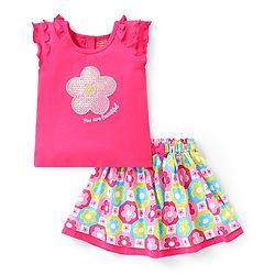 Babyhug Single Jersey Half Frilled Sleeves Top with Sequins & Skirt Set Floral Print - Pink