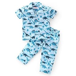 Babyhug Cotton Woven Half Sleeves Collar Neck Night Suit with Dino Print - Blue