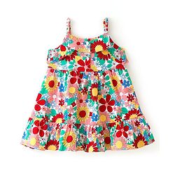 Babyhug 100% Cotton Knit Sleeveless Frock With Floral Print & Frill Detailing- Multicolor
