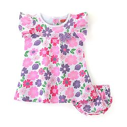 Babyhug Cotton Jersey Knit Half Sleeves Frock with Bloomer Floral Print - White