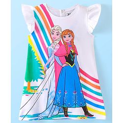 Babyhug Disney Cotton Knit Frill Sleeves Nighty with Disney Frozen Print - White