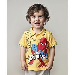 Babyhug Marvel Cotton Knit Half Sleeves Regular Collar T-Shirt with Spiderman Graphics - Yellow