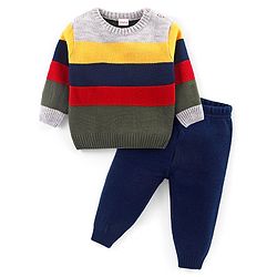 Babyhug Knitted Full Sleeved Pullover Striped Sweater Set - Multicolour