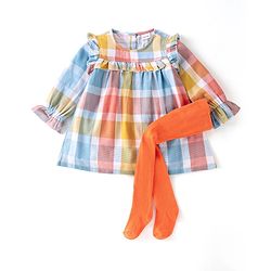 Babyhug Cotton Woven Full Sleeves Checkered Frock with Leggings - Orange