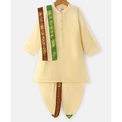 Babyhug Cambric Woven Full Sleeves Solid Kurta With Coordinating Dhoti & Angavastram - Offwhite