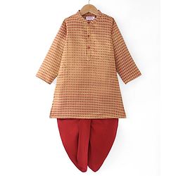 Babyhug Woven Full Sleeves Dobby Embroidered Kurta & Dhoti Set - Brown