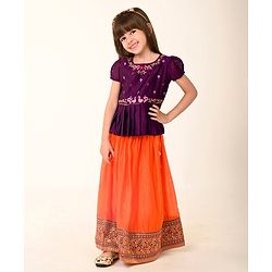 Babyhug Woven Short Sleeve Floral Embroidered Pattu Pavada Choli Lehenga Set with Foil Print - Orange