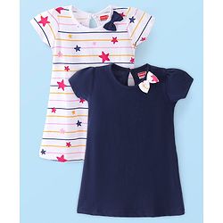 Babyhug Cotton Knit Half Sleeves Frock with Star Print & Bow Applique Pack of 2 - Multicolour