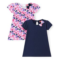 Babyhug Single Jersey Knit Half Sleeves Frocks With Floral Print & Bow Applique Pack of 2 - White & Navy Blue