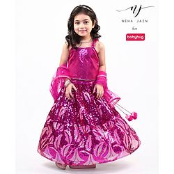 Babyhug Sleeveless Sequined Embroidered Choli & Lehenga Set with Frilled Dupatta - Fuschia