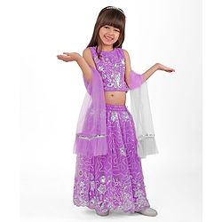 Babyhug Woven Sleeveless Sequenced Embroidered Side Wrap Choli Lehenga with Frill Net Dupatta Set - Purple