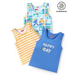 Babyhug 100% Cotton Knit Sleeveless Antibacterial Striped Sando Boat Print Pack of 3 - Multicolor