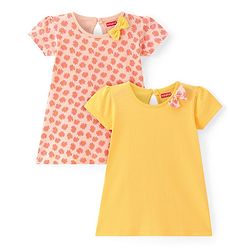 Babyhug Single Jersey Knit Half Sleeves Frocks With Floral Print & Bow Applique Pack of 2 - Peach & Yellow