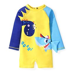 Babyhug Full Sleeves Water Repellent Legged Swimsuit with Dino Print - Yellow