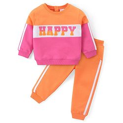Babyhug Cotton Knit Full Sleeves Text Printed Top & Lounge Pants Set - Orange & Pink